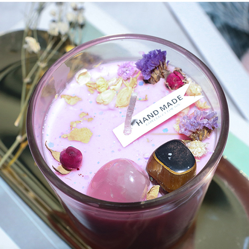 100g Home Decor Handmade Soy Wax Aromatherapy Eco-Friendly High Crystal Stone Dry Flower Scented Candle for Parties Birthdays Gift